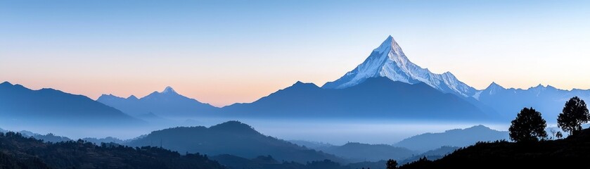 A majestic mountain range covered in snow and embraced by fog