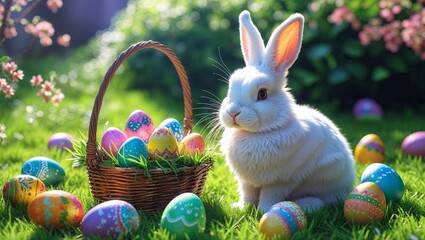 Lapin blanc avec panier garni d'oeufs de Pâques et des oeufs sur le gazon