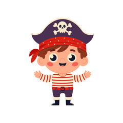 Cute boy child in pirate costume. Happy little boy dressed in pirate costume. Flat vector illustration of boy at pirate party