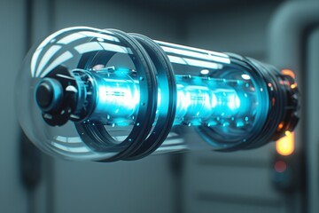 Fototapeta premium Futuristic energy pod featuring a sleek transparent design with glowing blue elements, set against a sci-fi background.