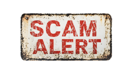 Old rectangular metal plate featuring the words scam alert in big red letters.