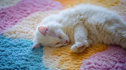 Peaceful White Cat Napping on a Rainbow Rug