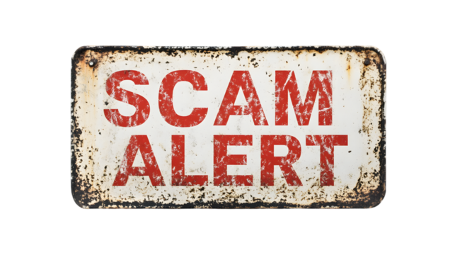 Old rectangular metal plate featuring the words scam alert in big red letters.