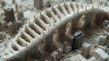 Microscopic Bridge: A macro perspective on a meticulously crafted model of a bridge, set amidst a miniature cityscape, showcasing intricate architectural details and artistic precision.