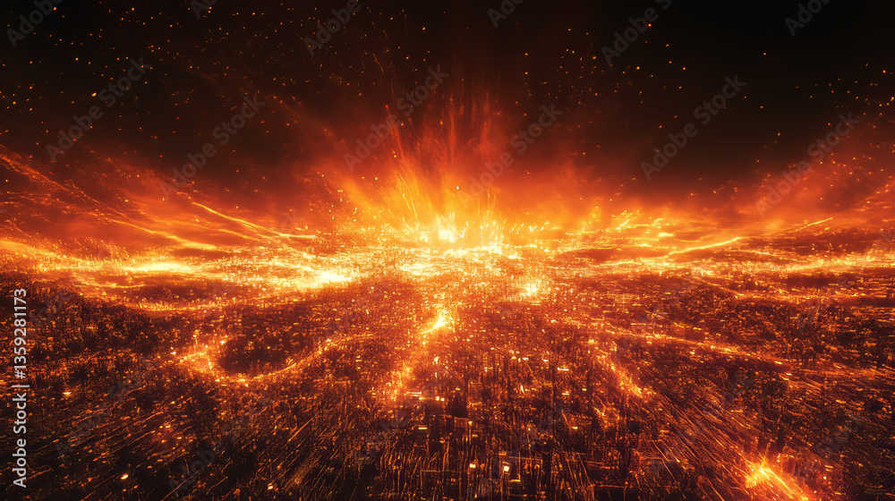 Poster digital web. global computer wireless network. abstract 3d illustration of a flaming polygonal mesh 