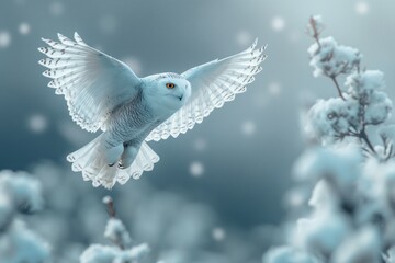 A majestic snowy owl in mid-flight, showcasing its stunning plumage against a serene, snowy backdrop.