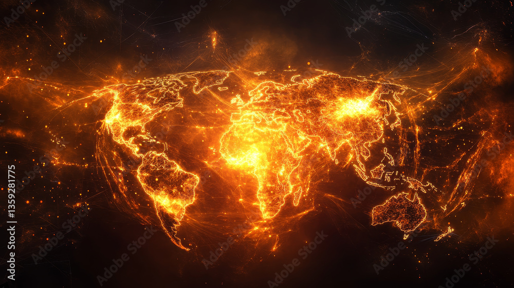 Poster digital web. global computer wireless network. abstract 3d illustration of a flaming polygonal mesh 