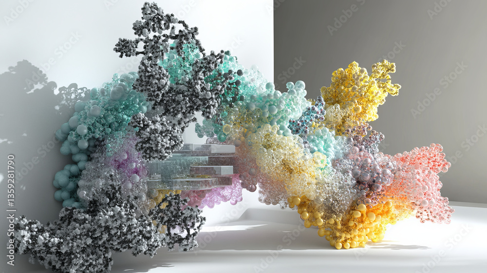 Poster abstraction of crystal structures. neural connections of synthetic modifications. 3d illustration of