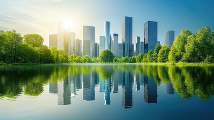 Urban Oasis: A striking modern cityscape rises majestically from the horizon, its sleek skyscrapers reflecting in the serene waters of a pristine lake, enveloped by lush green trees.