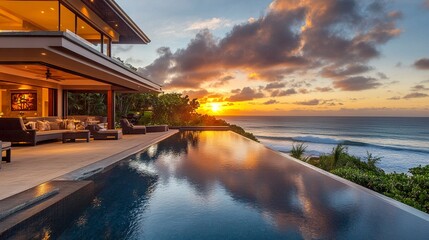 Oceanfront villa with an infinity pool extending into the sunset horizon, warm golden tones bathing the modern architecture, calm waves enhancing the serene ambiance. 