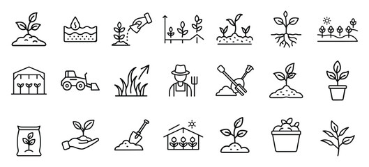 Agriculture and farming line icons set for planting and cultivation  
