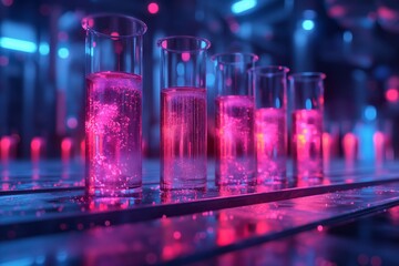 Glass test tubes filled with glowing liquid in vibrant pink and blue lights, creating a futuristic lab atmosphere.