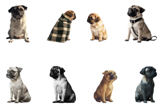 Cute dog breeds, pug, checkered sweater, puppy, bulldog, French bulldog, Labrador retriever, realistic pet portraits, white background, studio lighting, high detail, professional photography, adorable