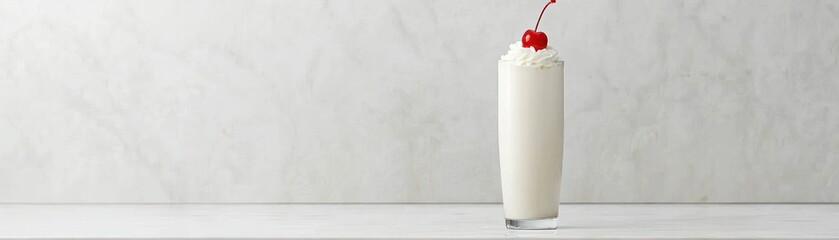A tall glass of creamy milkshake is topped with whipped cream and cherry