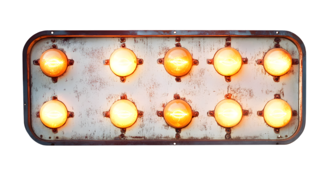 Old marquee sign with ten yellow lights, rusted metal construction and aged and weathered surface.
