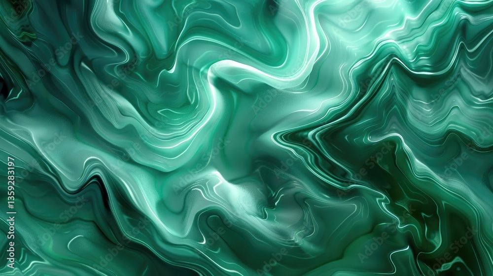 Poster swirling emerald green fluid shapes with marbled texture. background image of 3d rendering digital w
