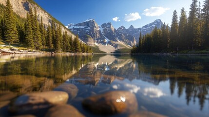 Fototapeta premium Serene Mountain Lake Reflected in Calm Waters Surrounded by Lush Forests