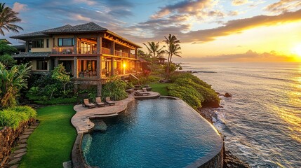 Obraz premium Opulent resort estate with oceanfront villas, infinity pools spilling into turquoise waters, lush tropical landscaping, sunset ambiance 