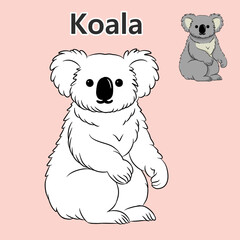 koala coloring page for kids, learn the letters that form the word 