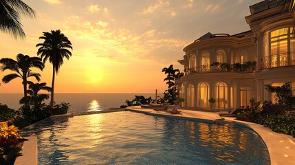 Opulent seaside home, grand architecture with expansive pool, vibrant garden surrounding, ocean shimmering beyond, golden hour glow 