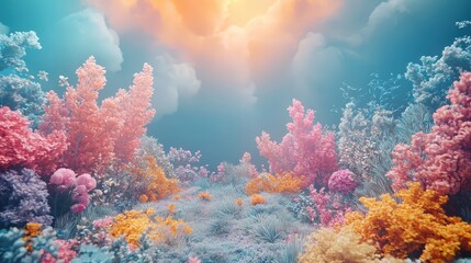 Fototapeta premium Vibrant coral reef underneath sunlight filtering through clouds in a clear blue ocean scene