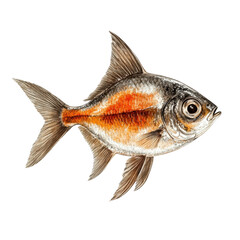 Obraz premium Vibrant goldfish swimming gracefully in a clear glass bowl with bubbles and plants creating a serene aquatic environment white isolate background