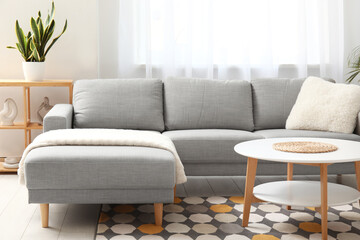 Interior of modern living room with grey sofa, carpet and coffee table