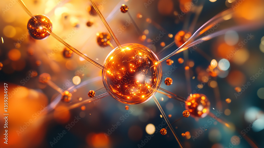Poster atom 3d illustration. basis of universe. particle of god, first matter. study of structure of univer