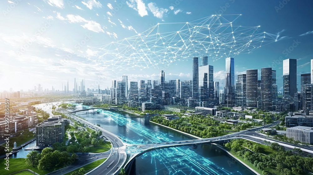 Poster digital city of future. global cyberspace. 3d illustration of wireless internet technologies. databa