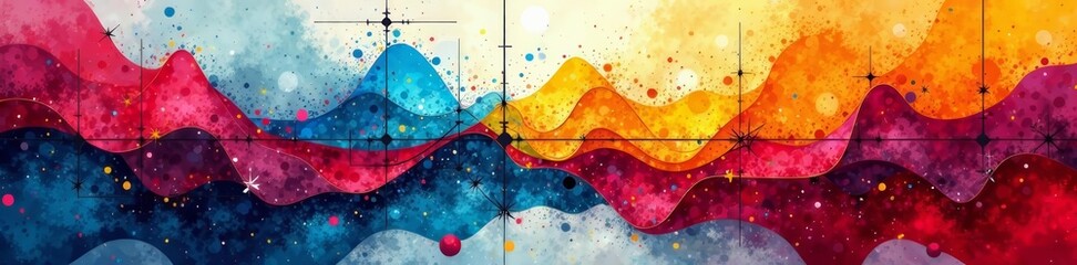 Abstract painting featuring colorful geometric shapes on a grid, painting, abstract