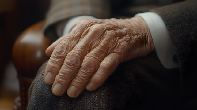 Generations of experience : a close-up shot of an elderly person's hand resting on a knee, revealing a portrait of time and wisdom