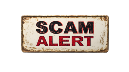 Old and weathered metal sign with black text spelling scam and red text spelling alert.