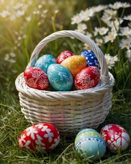 Panier blanc garni d'oeufs de Pâques colorés avec flare et fleurs blanches