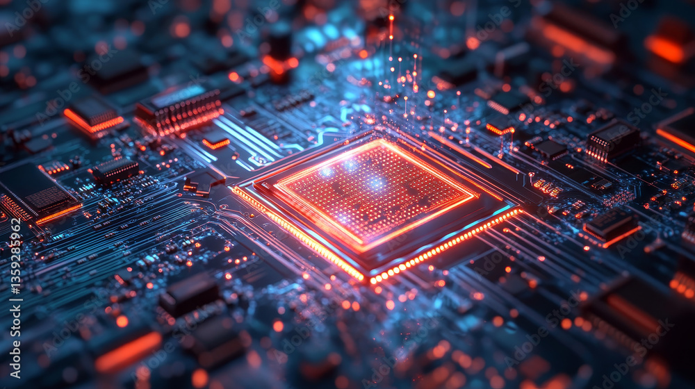 Poster cpu abstract 3d illustration. futuristic processor and quantum computer. digital technology in globa