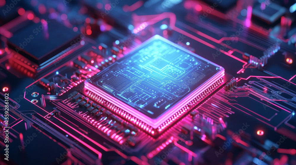 Poster cpu abstract 3d illustration. futuristic processor and quantum computer. digital technology in globa