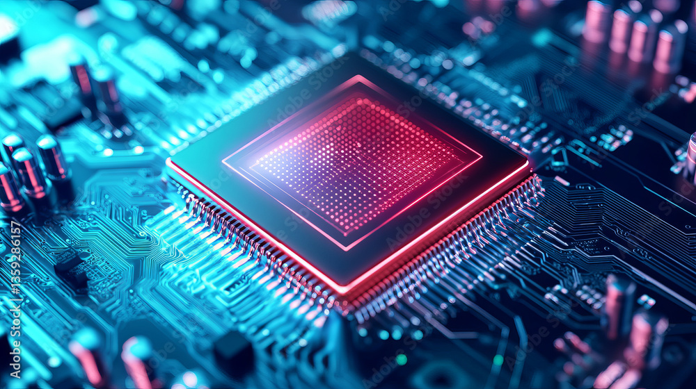 Poster futuristic processor, cpu 3d illustration. a quantum computer is a global digital network. processin