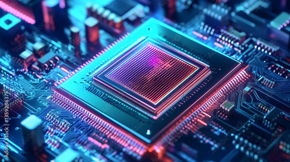 Poster futuristic processor, cpu 3d illustration. a quantum computer is a global digital network. processin