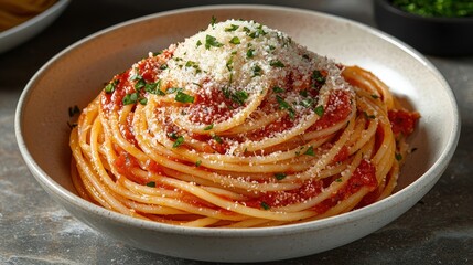 Mouthwatering bowl of spaghetti generously topped with rich tomato sauce and fresh herbs