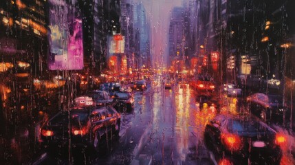 Obraz premium City street view at night during a rainstorm presents cars