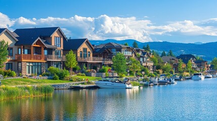 Fototapeta premium Picturesque Sandpoint, sandy park with Lake Pend Oreille's sparkling waters, luxury condominiums along the shore, boats resting at marinas, vibrant summer scene 