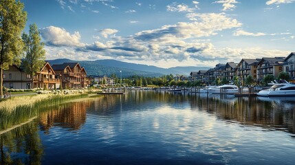 Fototapeta premium Picturesque Sandpoint, sandy park with Lake Pend Oreille's sparkling waters, luxury condominiums along the shore, boats resting at marinas, vibrant summer scene 