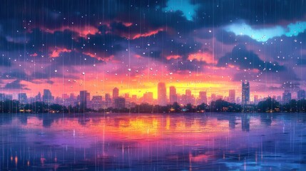 A city skyline reflecting on water under a rainy sunset sky