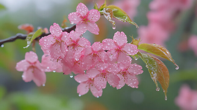 a branch of cherry blossoms, with pink flowers and green leaves hanging on it, is covered in raindrops during the rainy season.