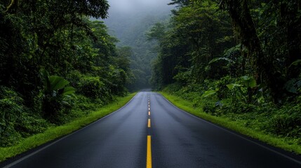 Fototapeta premium A Wet Road Through A Lush Green Forest Leads Into Fog