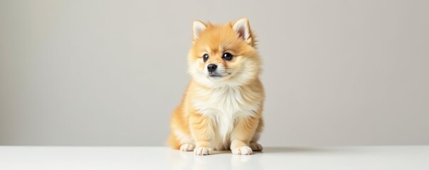 Obraz premium Adorable small spitz breed sitting attentively with inquisitive gaze on white surface, isolated, pomeranian