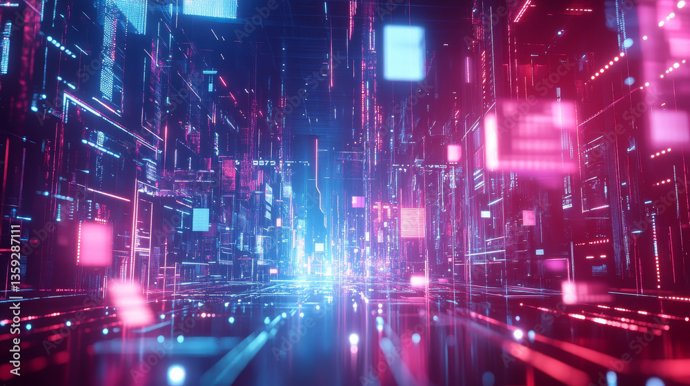 Poster hi-tech background 3d illustration. cyber field in neon rays, big data array and techno innovation. 