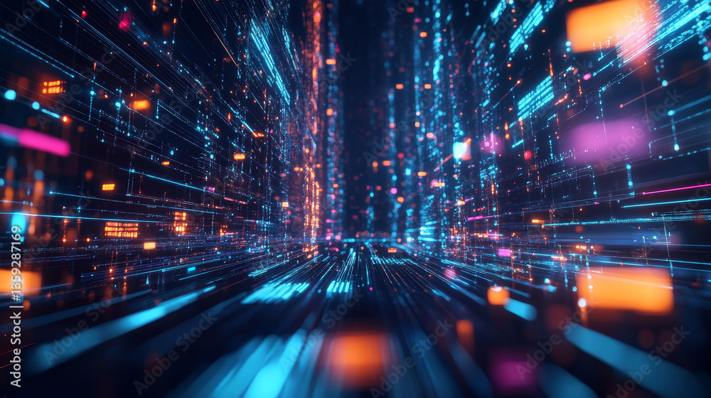 Poster hi-tech background 3d illustration. cyber field in neon rays, big data array and techno innovation. 