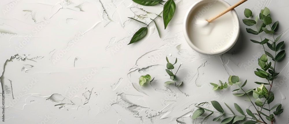 Fototapete flat lay composition of notebook, coffee, and green tropical leaves on a minimal background. creativ