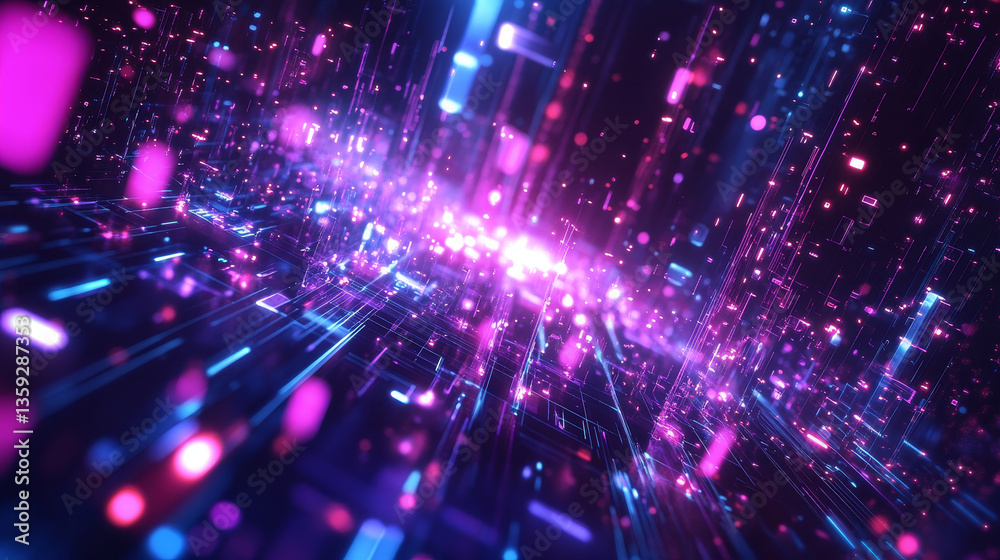 Poster hi-tech background 3d illustration. cyber field in neon rays, big data array and techno innovation. 