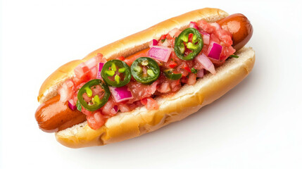 Gourmet hot dog topped with red onion and jalapeño relish – perfect for summer barbecue